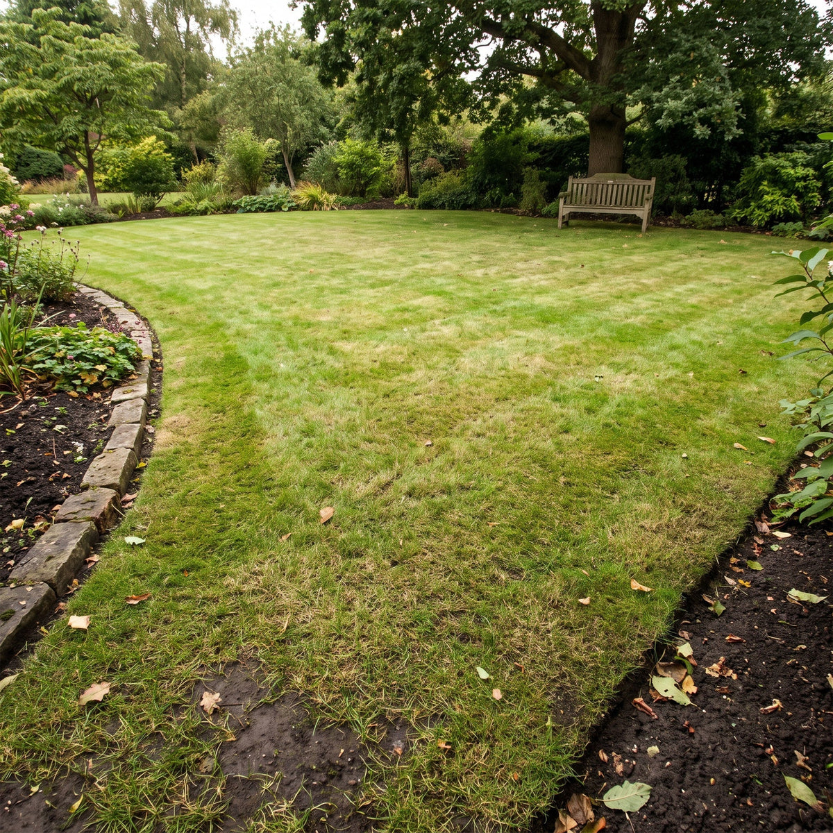 A UK garden lawn showing fresh green growth returning among dry, brown patches after rain.