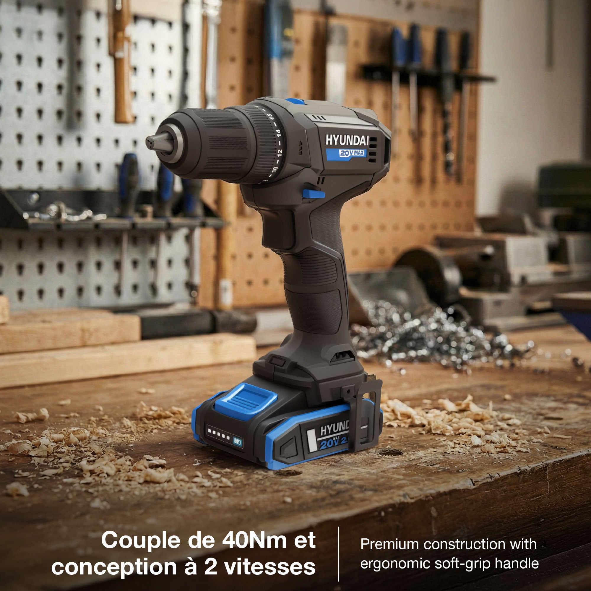 Hyundai 20V 40Nm Cordless Driver Drill, 2Ah Battery and Charger, 2-Speed, LED Light, 13 mm Chuck | DD20S-40TT EU